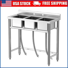 Three 3 Compartment Basins Stainless Steel Commercial Kitchen Restaurant Sink US