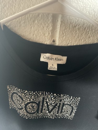 Calvin Klein Women’s Black Top T-Shirt Silver Metallic Logo Cotton Spandex M - Bild 2 von 3