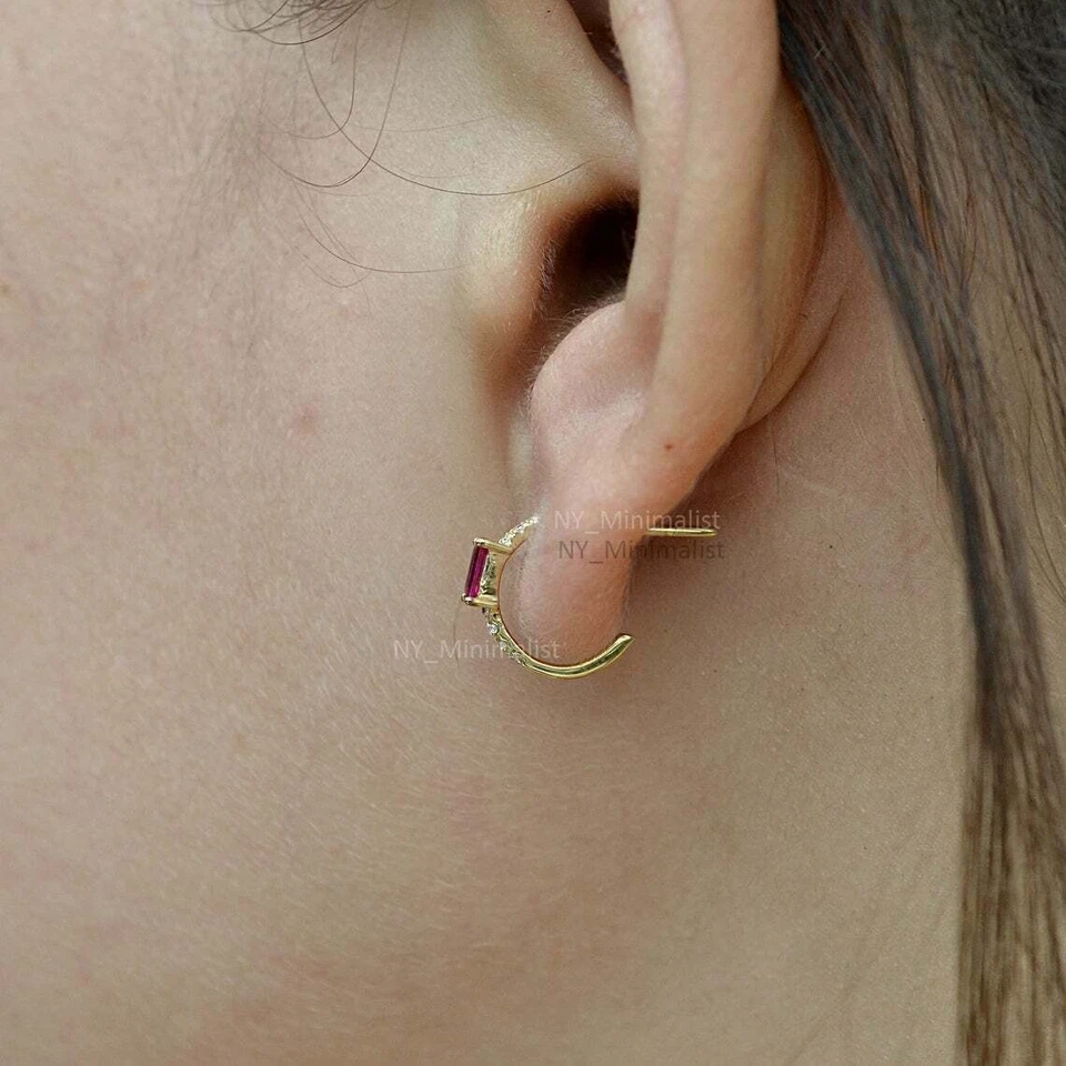 Natural Ruby and Pave Diamond Solid 14K Yellow Gold Plated Hoop Earrings a797 - Image 3 of 4