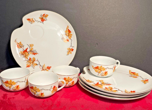 Vintage MJTA Orange Autumn Leaves Snack Plates Teacups 1950s Japan Set of 4 EUC