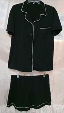 Black Pajama Set Short Sleeve Top  Shorts White Trim Loungewear Sleepwear Women