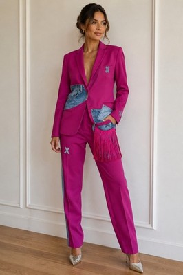 Upcycled Magenta Two-Piece Blazer and Pants Suit with Denim Accents size L