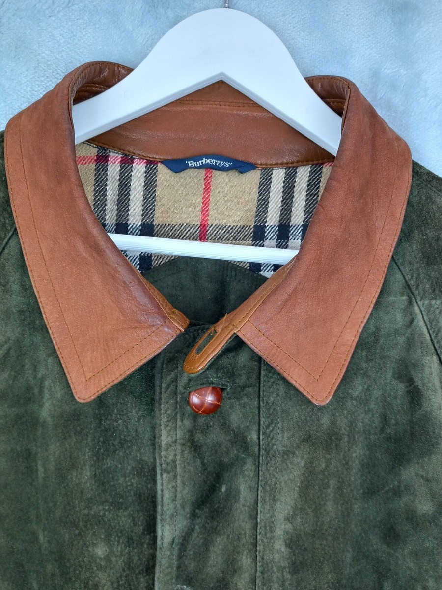 Vtg 80s BURBERRYS Green Suede Leather Wool Lined Nova Check Jacket
