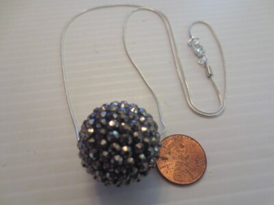 Silvertone Pave Hematite Rhinestone Jumbo Bead Pendant Snake Chain Necklace 23''