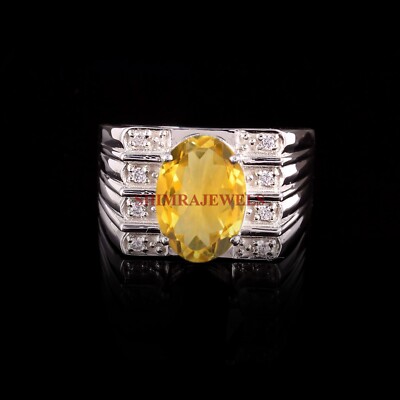 Natural Citrine Gemstone With 14K White Gold Plated Silver Men's Ring #1390