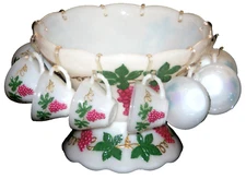 Anchor Hocking Vintage Grape Hand Painted Milk Glass Punch Bowl Base 12 Cups Set