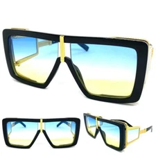 Oversized Classic Retro Hip Hop Shield SUNGLASSES Large Frame Blue & Yellow Lens