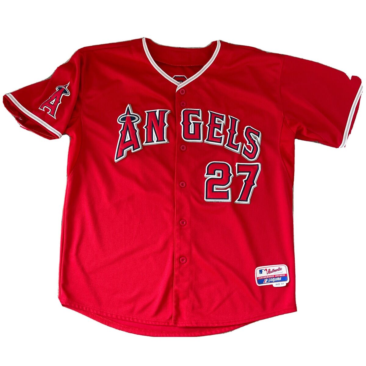 MIKE TROUT LA Angels #27 Majestic Red Cool Base Authentic Sz 50 Sewn Jersey