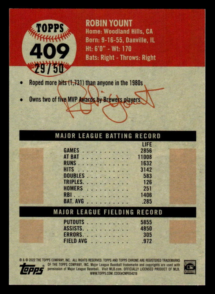 Robin Yount 2022 Topps Chrome Platinum Anniversary #409 Gold Refractor #29/50 - Image 2 of 2