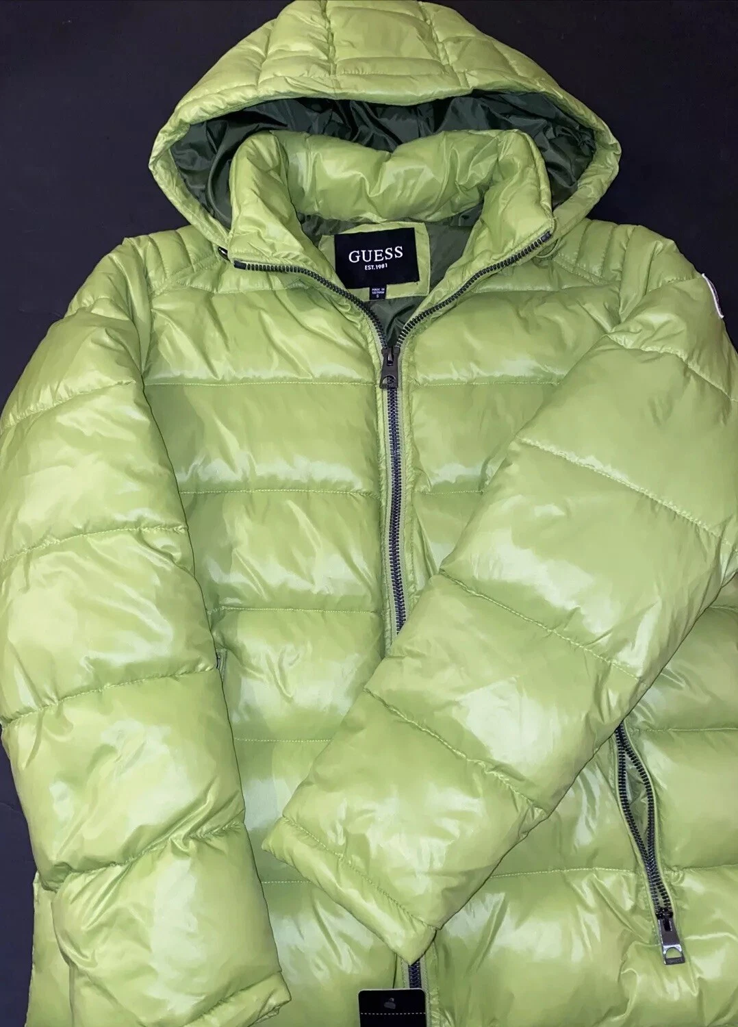 NEW GUESS Men's Puffer Jacket Removable Hood Lime Lined Insulated Size XXL