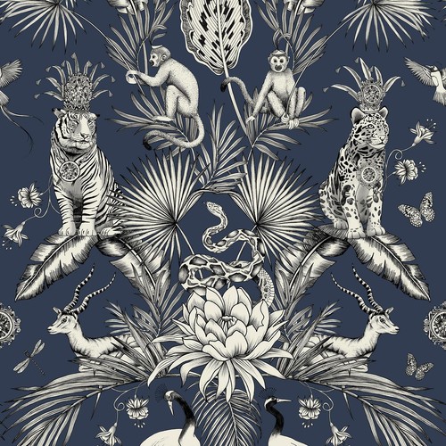 Menagerie Animal Wallpaper Belgravia Monkey Tiger Jungle Navy White eBay