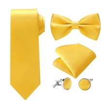 Mens Tie Set - Plain Satin Formal Necktie and Bow Tie with Pocket Yellow