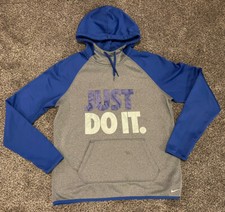 Nike Therma Fit Hoodie Sweatshirt Womens Medium Blue Gray Just Do It Thumb Holes