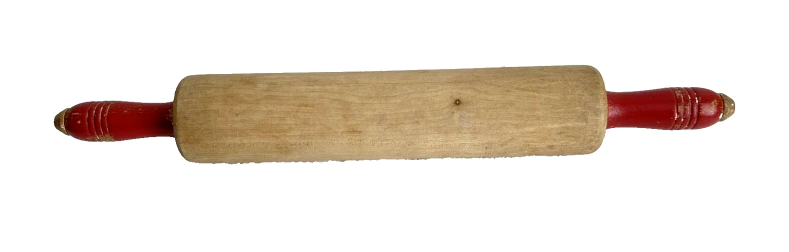Vintage Art Deco 1940s Country Kitchen Wooden Rolling Pin Original Red Handles
