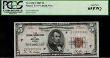 1929 $5 Federal Reserve Bank Note Atlanta - FR.1850-F - Graded PCGS 65PPQ