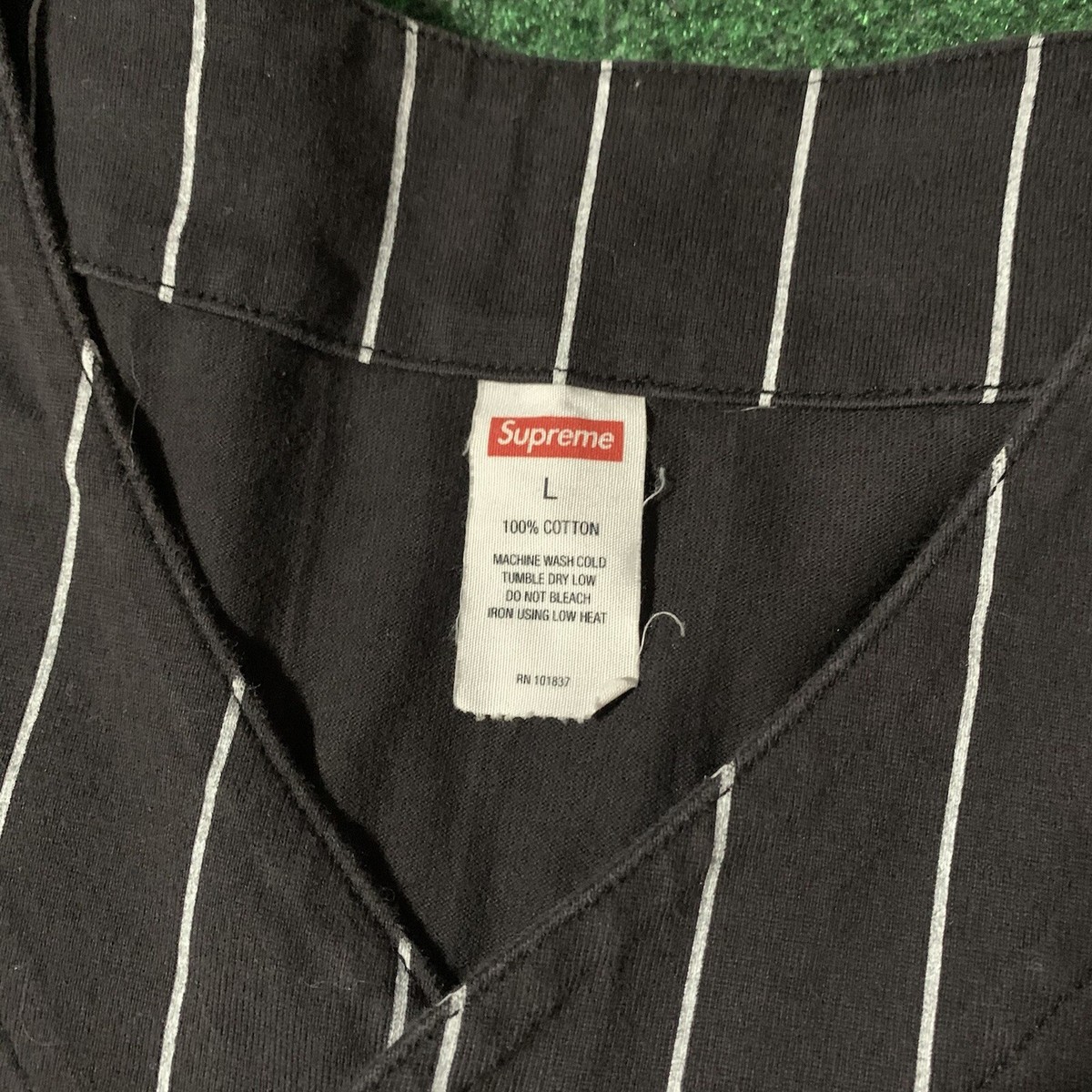 Supreme Love Hate 94 Baseball Jersey Men’s Size Large Pinstripe Black Shirt 2019
