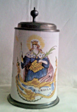 Fayence Walzenkrug  hl. Ursula Steingut mit Zinndeckel - Replica 1990