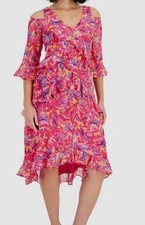 Tahari Women Pink Cold Shoulder Tiered Ruffled Maxi Dress Petite Size 2P