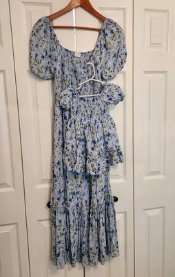 Mommy and Me Matching Blue Floral Smocked Ruffled Puff Sleeve Dresses MED & 18MO