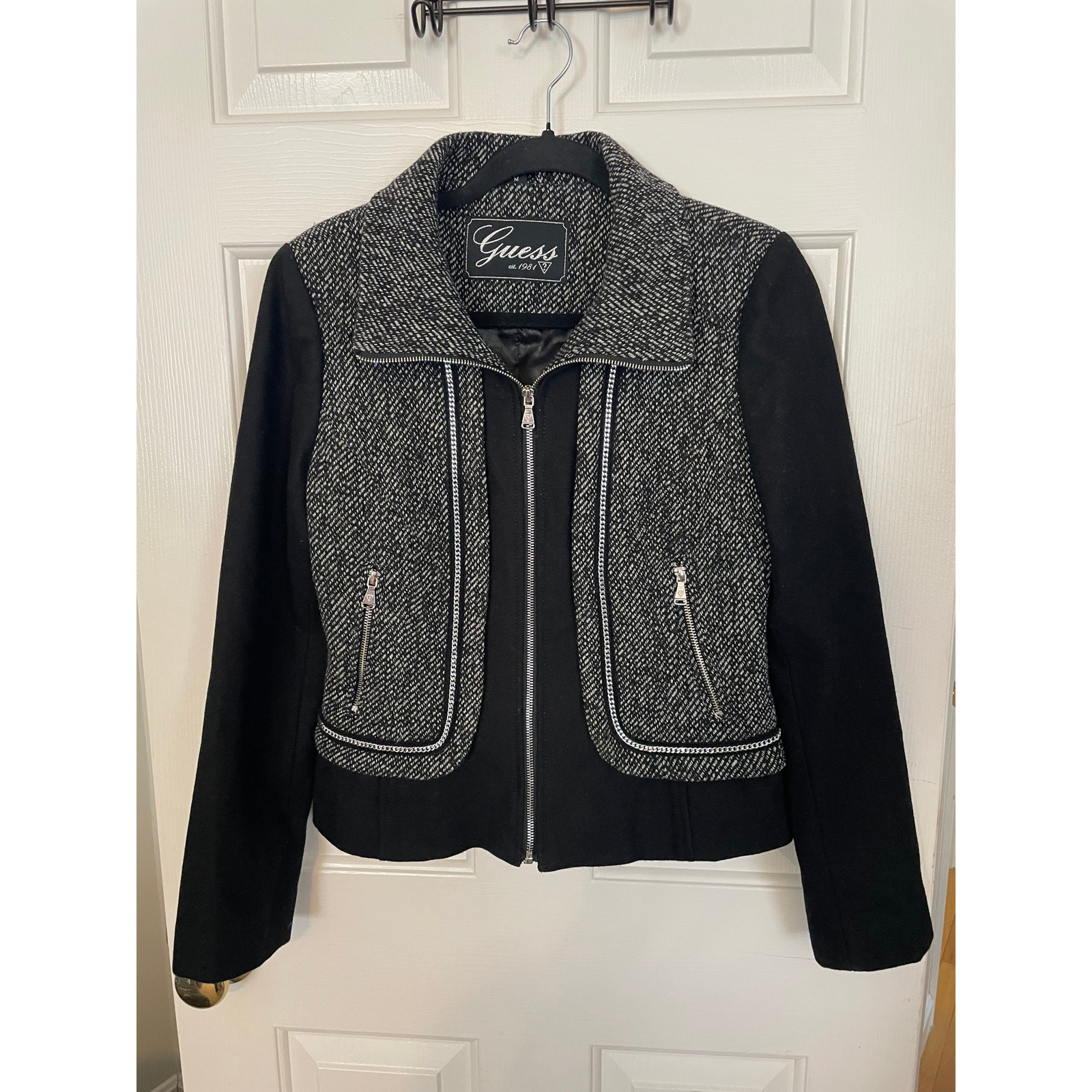 Guess Women's Medium Black & White Wool Blend Jacket with Metal Chain Trim & Lining
