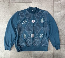 Vintage Embroidered Cat Sweatshirt Size L Teal Kawaii Patchwork Cottagecore