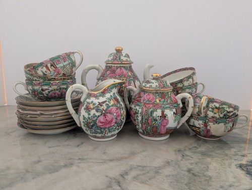 22 Pc Famille Rose Medallion Hong Kong Tea Set Hand Painted Gold Trim