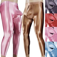Men Shiny Glossy Oil Pants Satin Breathable Elastic Waist Yoga Sports Tights New