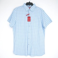 Cremieux Men's Short-Sleeve Shirt L SLIM FIT Blue White Check 100 Cotton NWT