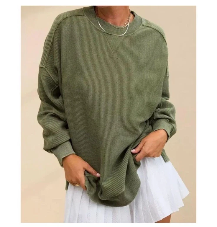 Vidifid Sudaderas De Gran Tamaño Para Mujer, Cuello Redondo, Punto Gofre, Estilo Casual, Sin Botones, De Manga Larga, Con Abertura Lateral, Tallas S-2XL, Verde