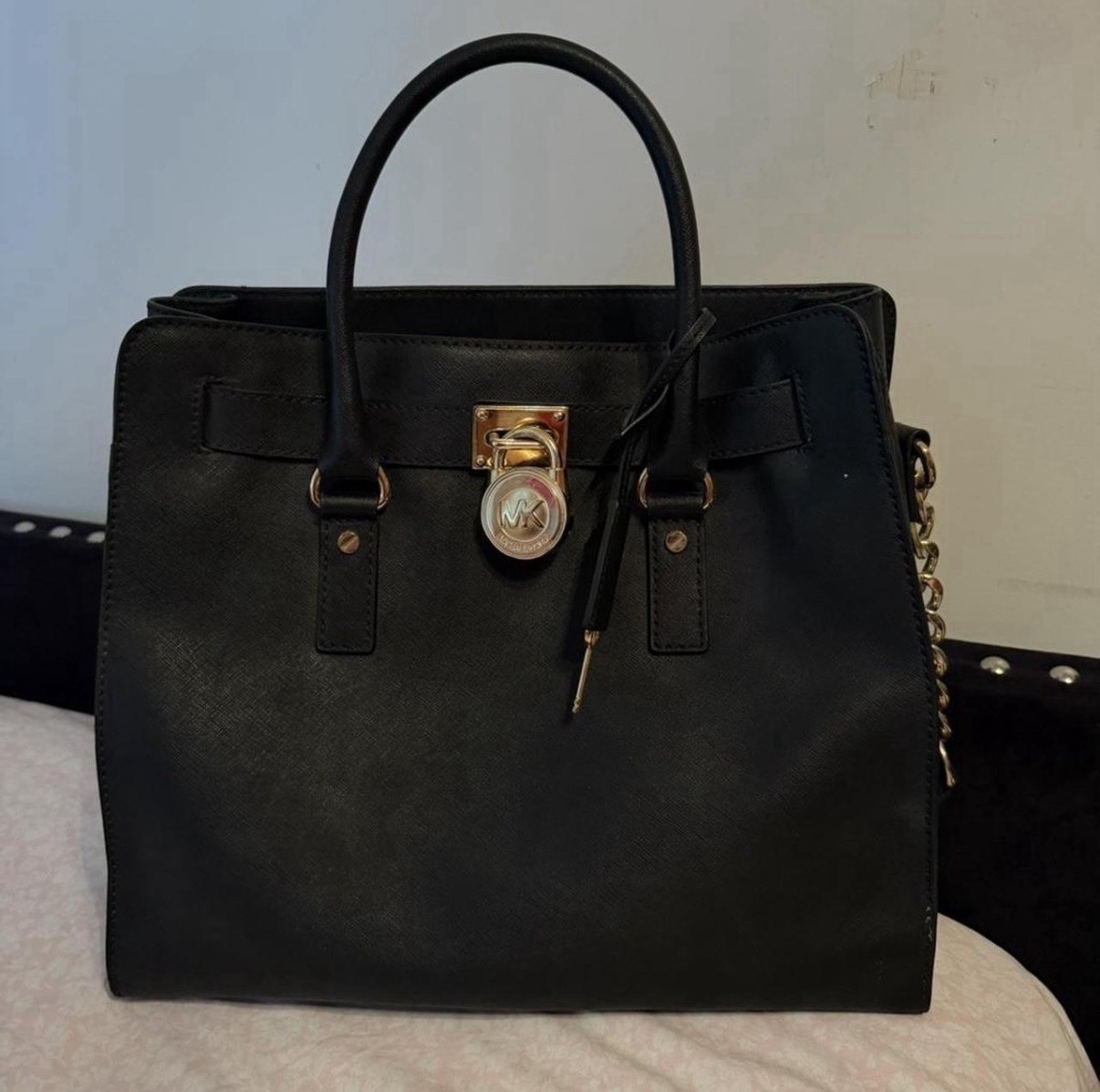 Michael Kors Black Satchel Bag with Lock Accent, Gold Hardware, Chain Strap