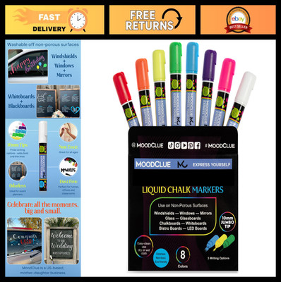 10mm Jumbo Tip Liquid Chalk Markers - Erasable, Washable, Neon - 8 Pack for Wind