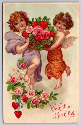 Valentine~Two Curly-Haired Cherubs Carry Basket Of Hearts & Roses~Emb~BW310~1908