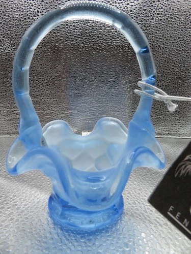 Fenton Art Glass Mini Blasted Ice Blue-  5 " 1/4"  Basket -NEW IN BOX- FREE SHIP