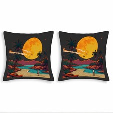 Set of 2 18x18in Throw Pillow Covers - Dreamy Beach Scene with Moon Palm Trees