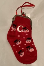 Christmas Stocking Ornament Change Purse Money Gift Snowman Baby Sock Initial C