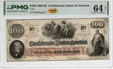 T-41 PF-20 1862 $100 Confederate Paper Money - PMG Ch Unc 64 EPQ - CHOICE