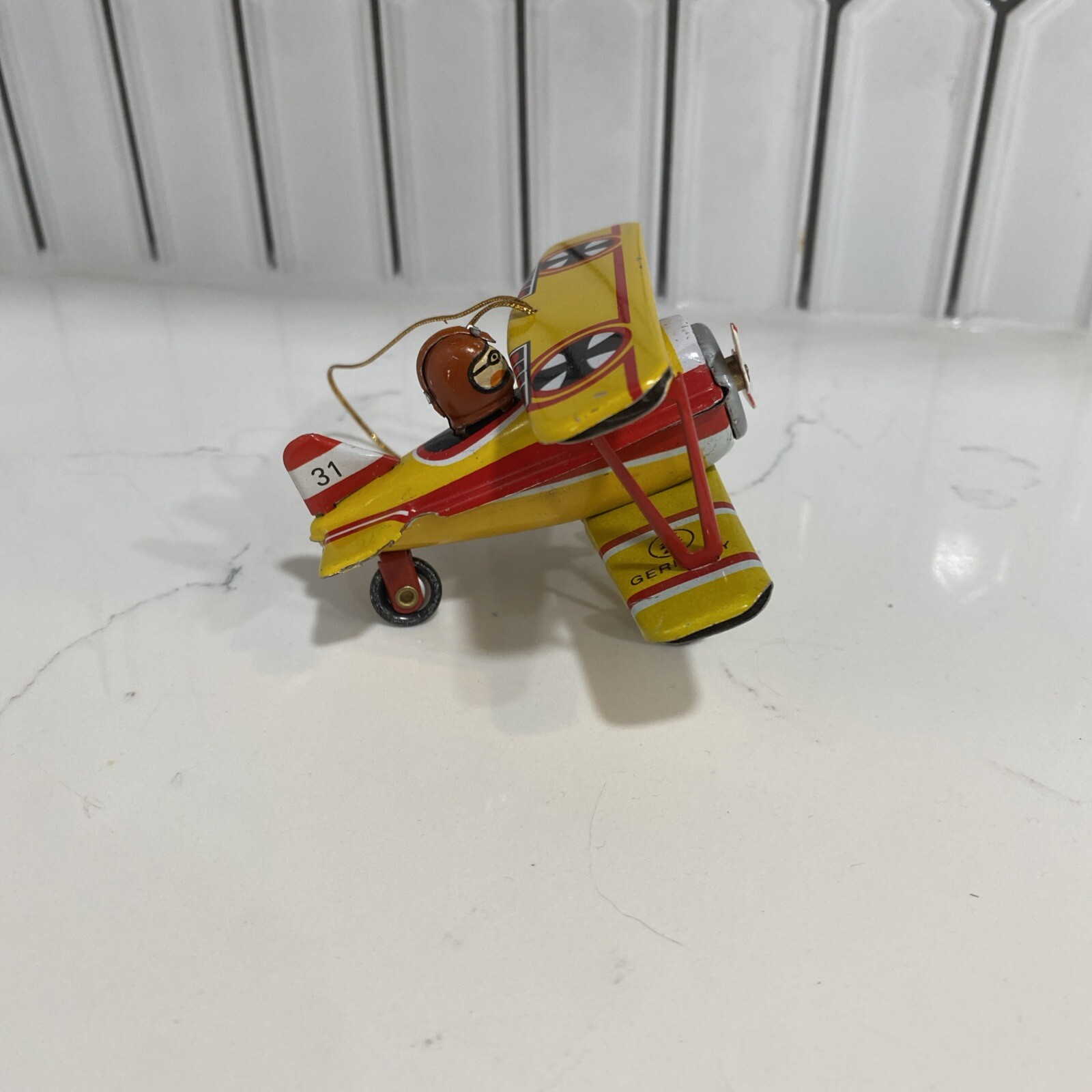 Vintage ZZ Germany Tin Litho Yellow Airplane Ornament #31 Bi-Plane Christmas