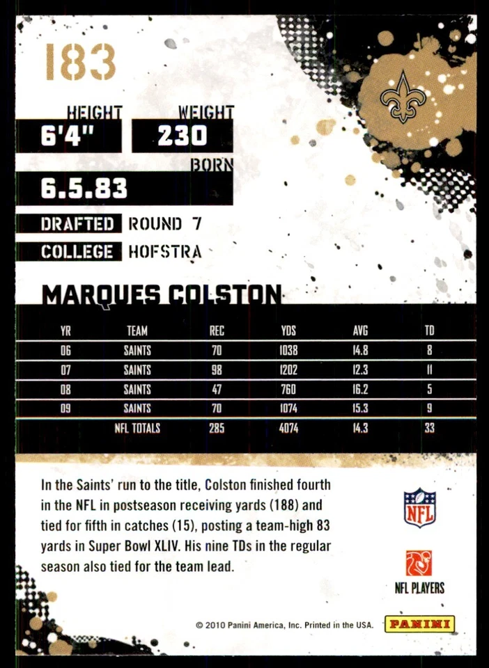 2010 SCORE MARQUES COLSTON NEW ORLEANS SAINTS #183 - Image 2 of 2