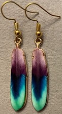 DECORATED FEATHER EARRINGS, Purple - Enamel with Gold Plated Ear Wires BIRD WING