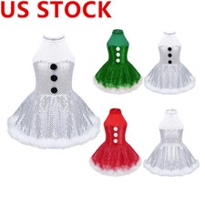 Kid Girls Christmas Dance Costume Halter Sequins Tutu Dress Ice Skating Dress