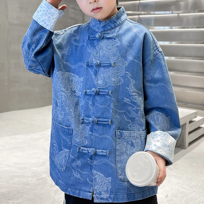 Kids Boys Denim Top Shirt Coat Ethnic Jacket Retro Frog Button Dragon Tang Suit  - Image 2 of 4