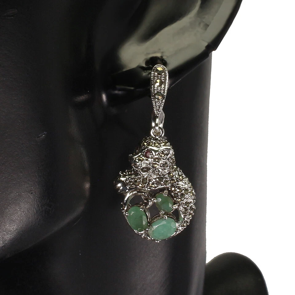 925 Sterling Silver Earrings Oval Emerald Ruby Marcasite Tiger Gemstone Jewelry - Image 2 of 4