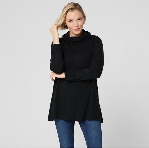 Susan Graver Black Plush Knit Foldover Neck Tunic Sweater XXS New