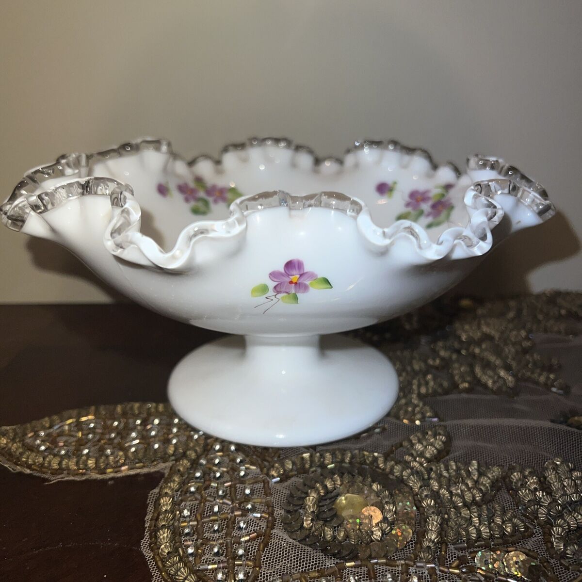 Signed Hand Painted Fenton Silver Crest Ruffled Bowl Violets