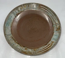 VTG Studio Pottery Bowl Glazed Anstract Terrra Cotta Stoneware Green 11" Signed