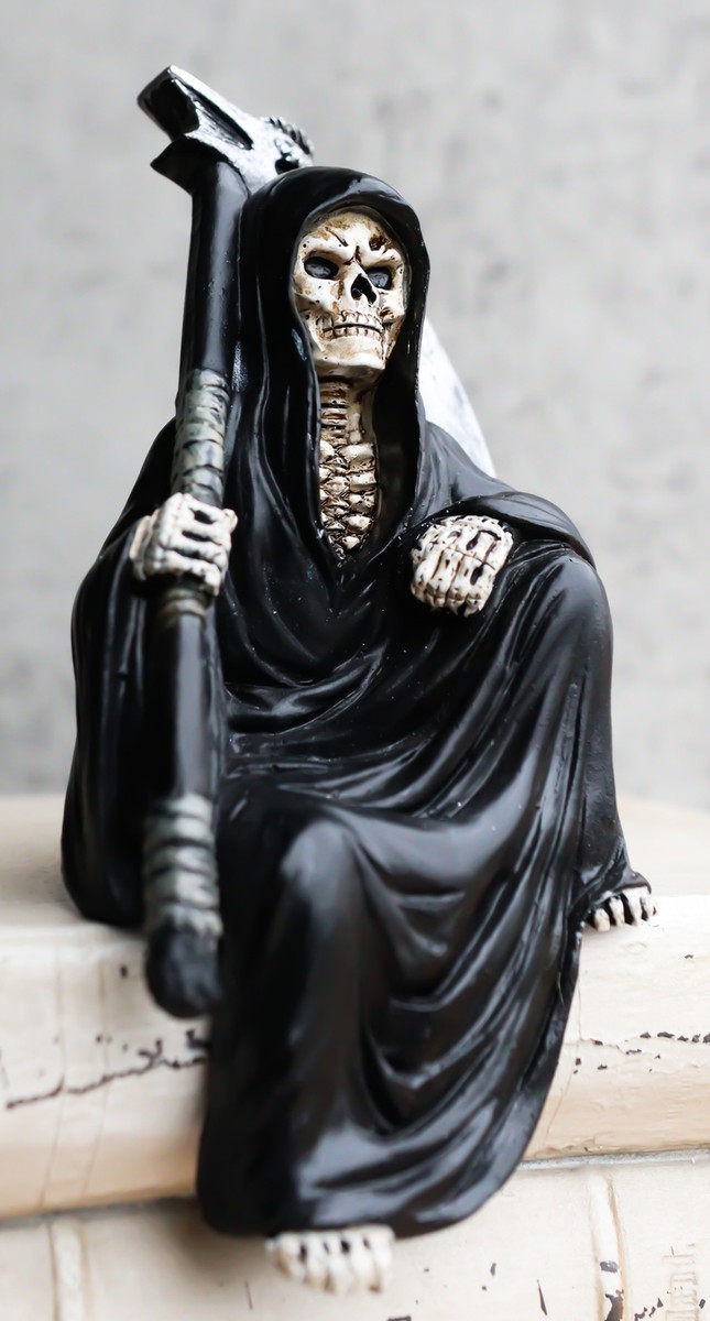 Death On The Shelf Gothic Grim Reaper With Scythe Sitting Shelf