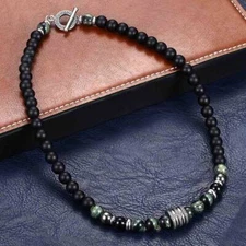 8MM Natural Black Matte Polar Jade Beaded Necklace Stainless Steel Toggle Choker