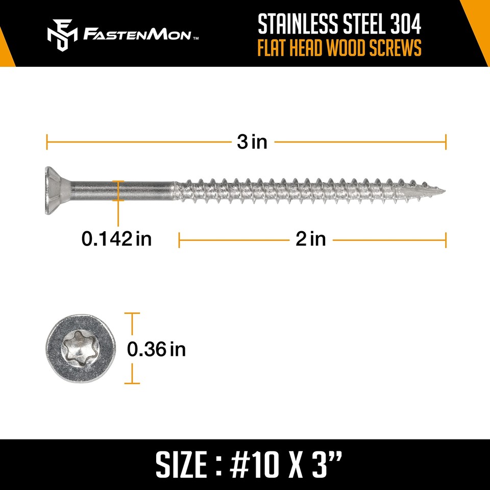 10 x 3 (300 PCS) Stainless Steel Deck Screws 304 with T25 Star Drive