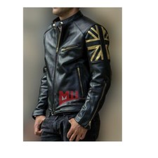 Handmade Men's Black With Gold UK Flag Genuine CowHide Pure Leather Jacket