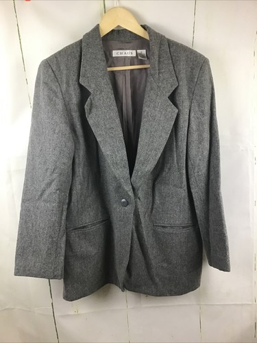 Vintage Chaus Women’s Gray 100% Merino Wool One Button Blazer W/Pockets Sz. 14